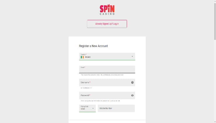 spin casino registration